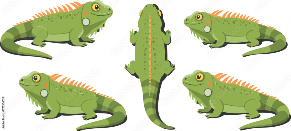 Naklejka premium Green Iguanas in Different Poses with Flat Design Style Vector Art
