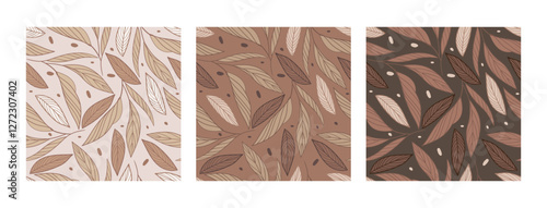 Exotic tropical plants, spots and abstract shapes. Contemporary seamless pattern set. Trendy mocha mousse palette. Vector illustration. Modern Art design. For paper, cover, fabric, interior decor