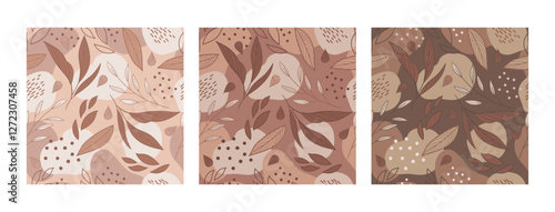 Exotic tropical plants, spots and abstract shapes. Contemporary seamless pattern set. Trendy mocha mousse palette. Vector illustration. Modern Art design. For paper, cover, fabric, interior decor