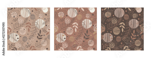Exotic tropical plants, spots and abstract shapes. Contemporary seamless pattern set. Trendy mocha mousse palette. Vector illustration. Modern Art design. For paper, cover, fabric, interior decor