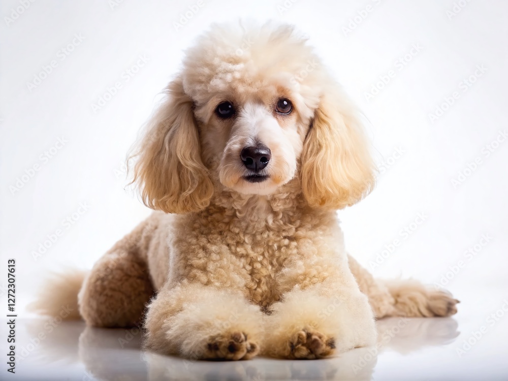 Long Exposure Photo of a Relaxed Poodle Dog Lying Down on White Background Long Exposure Photo of a Relaxed Poodle Dog Lying Down on White Background