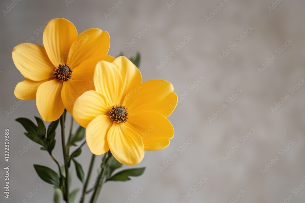 Soft and elegant arrangement of two yellow flowers on the left, warm tones contrasting with a neutral backdrop, subtle lighting and delicate details, professional and clean composition Soft and elegant arrangement of two yellow flowers on the left, warm tones contrasting with a neutral backdrop, subtle lighting and delicate details, professional and clean composition