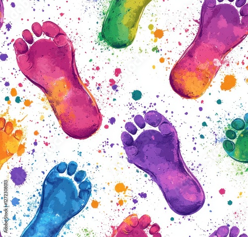 Colorful Footprints on White Background in Pop Art Style with Splatter Effects