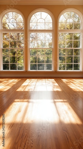 Sunlight streams through three arched windows, illuminating a gleaming hardwood floor. A bright and airy interior.