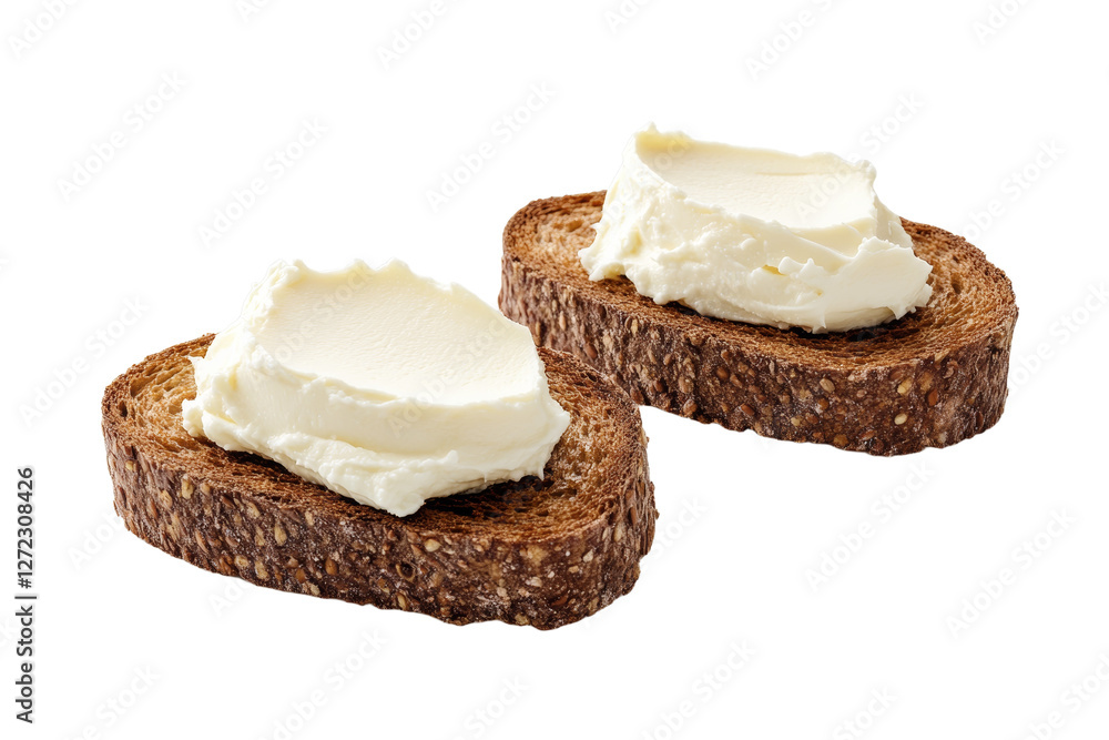 Two slices of bread with a white spread on top, isolated