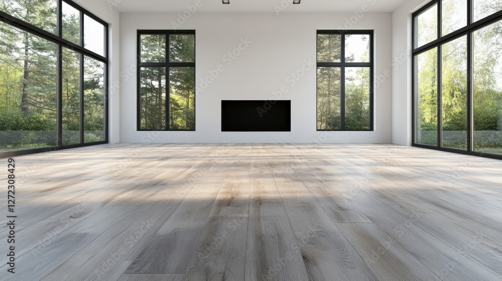 Modern empty room with large windows offering a view of lush green trees. The grey hardwood floor is bathed in natural light, creating a serene atmosphere.