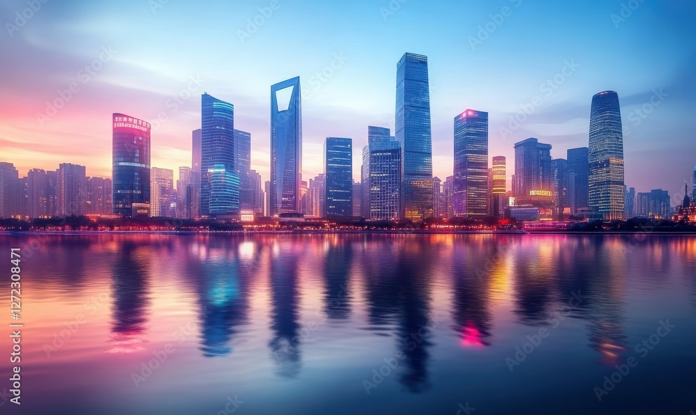 Futuristic city skyline at dusk with glowing skyscrapers, reflections shimmering on the nearby rive Futuristic city skyline at dusk with glowing skyscrapers, reflections shimmering on the nearby rive