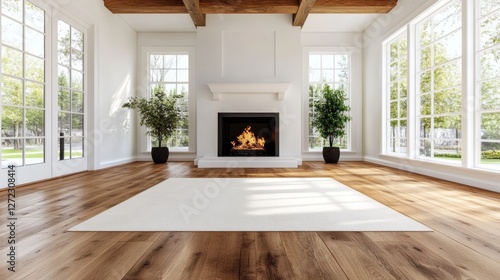Bright, airy living room with hardwood floors, a fireplace, and large windows.  A minimalist, modern design.