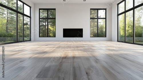 Obraz na płótnie Modern empty room with large windows offering a view of lush green trees. The grey hardwood floor is bathed in natural light, creating a serene atmosphere. w salonie