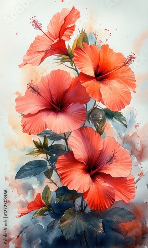 Wallpaper Mural Vibrant Red Hibiscus Flowers Watercolor Illustration Torontodigital.ca