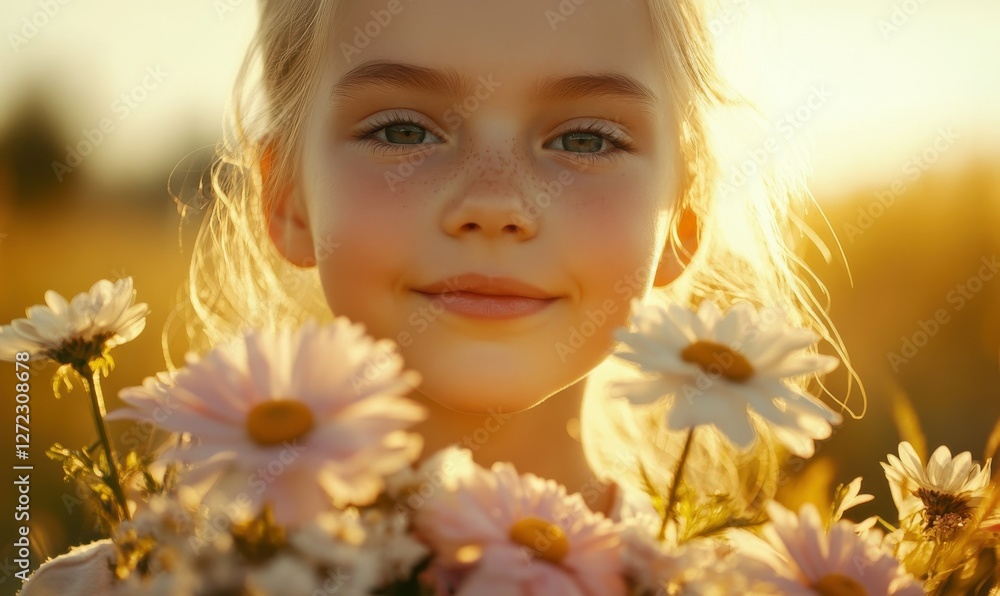 Fototapeta premium Close-up portrait of a young girl holding a bouquet of fresh flowers, soft golden light illuminating her cheerful expression, clean and vibrant, sharp and natural
