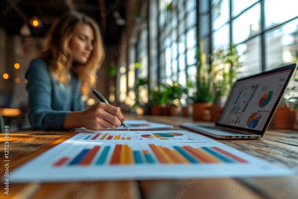 Fototapeta premium Business Analysis and Finance Review Woman with Graphs and Charts in Modern Workspace
