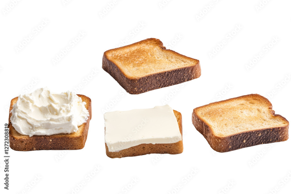 Three slices of toast with butter and cheese on top, isolated