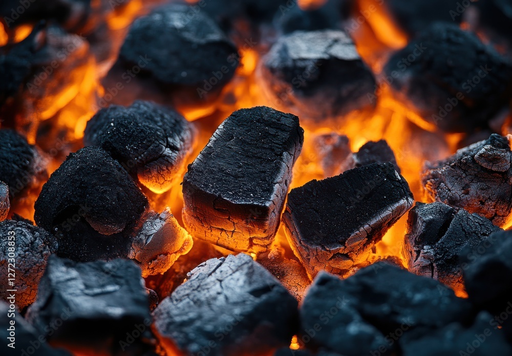 Close-Up of Glowing Charcoal Briquettes on a Bed of Hot Ember in a Grill, Perfect for Outdoor Cooking and Barbecue Scenes Close-Up of Glowing Charcoal Briquettes on a Bed of Hot Ember in a Grill, Perfect for Outdoor Cooking and Barbecue Scenes