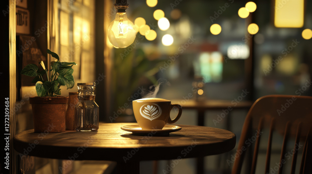 Warm light from Edison bulbs casts a gentle glow over a steaming cup of coffee, creating a cozy atmosphere perfect for unwinding after a long day. A leafy plant adds a natural touch Warm light from Edison bulbs casts a gentle glow over a steaming cup of coffee, creating a cozy atmosphere perfect for unwinding after a long day. A leafy plant adds a natural touch
