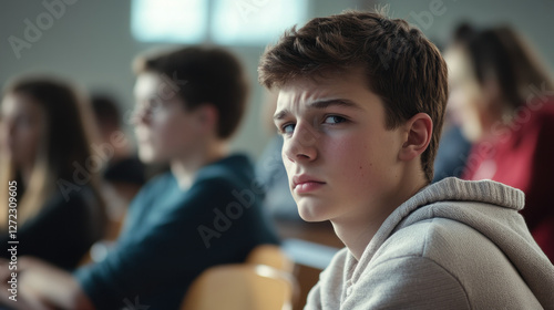 In a classroom filled with students, a deaf teenager struggles to grasp the lecture, showing a look of concern while others pay attention, highlighting communication barriers photo