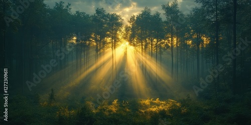 Forest Sunrise with Sunlight Rays Shining Through Lush Green Foliage Creating Enchanting Landscape and Dynamic Scenery