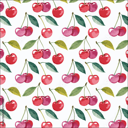 Watercolor cherry print pattern, simple vector background
