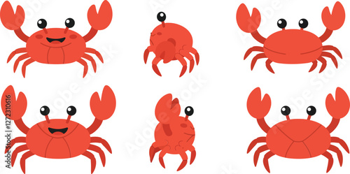 Red crab character in playful poses flat vector illustration