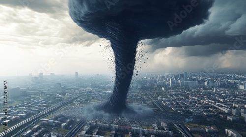 A massive black tornado descends upon a city, swirling debris and creating chaos. The storm looms large against a darkening sky, threatening infrastructure and inhabitants below photo