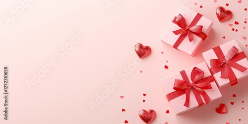Pink Presents With Red Ribbons And Hearts