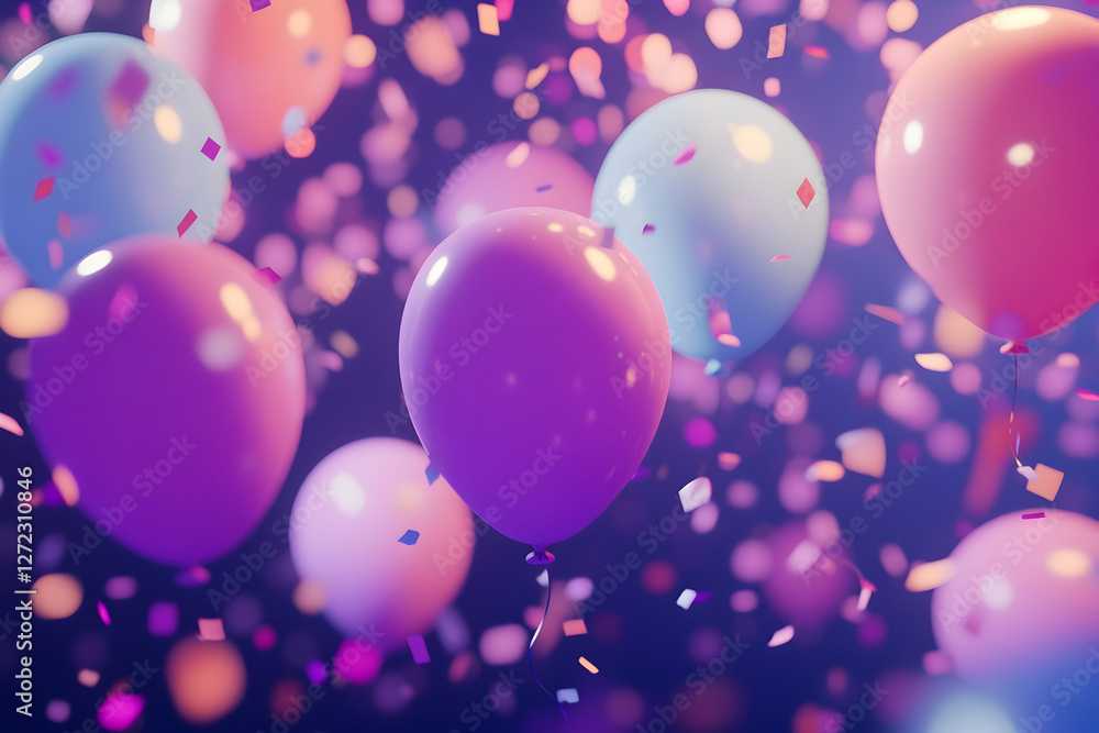 Glowing purple background surrounded by pastel balloons and confetti, creating a joyful party atmosphere Glowing purple background surrounded by pastel balloons and confetti, creating a joyful party atmosphere