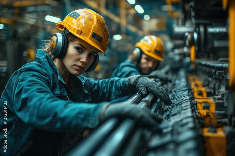 Industrial Workers in Factory Utilizing Tools with Machinery and Safety Helmets Industrial Workers in Factory Utilizing Tools with Machinery and Safety Helmets