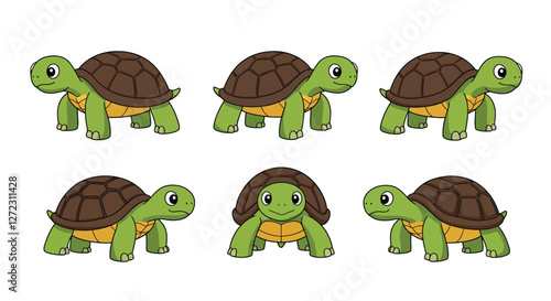 Cute turtle character animation in flat design style showcasing different poses vector illustration
