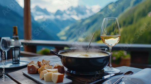 A table set at a Swiss alpine restaurant features a delicious fondue pot with freshly baked bread and a glass of white wine, overlooking breathtaking mountain scenery in the summertime