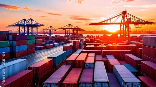 Sunset over Cargo Port: Global Trade and Transportation