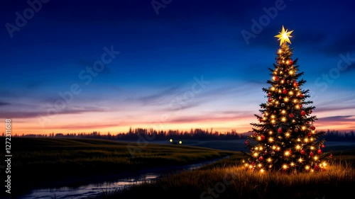 Christmas Eve Twilight: A Majestic Christmas Tree in a Serene Landscape