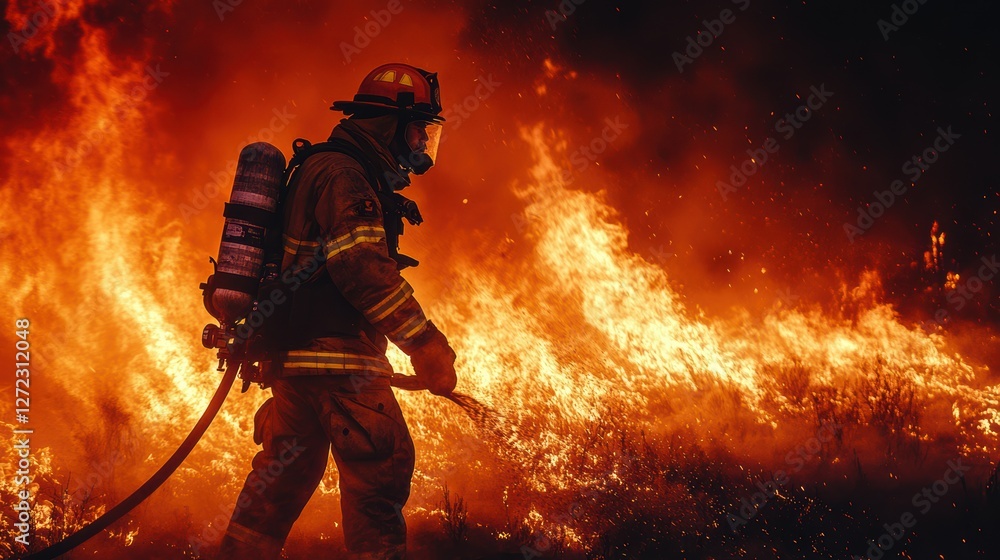 Fototapeta premium A firefighter is actively combating a fierce fire, surrounded by towering flames and smoke, focused on controlling the dangerous situation in a nighttime environment