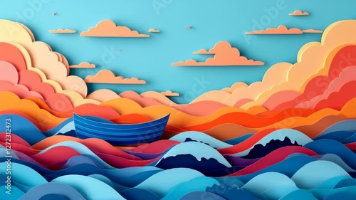 Serene Paper Boat on Colorful Ocean Waves