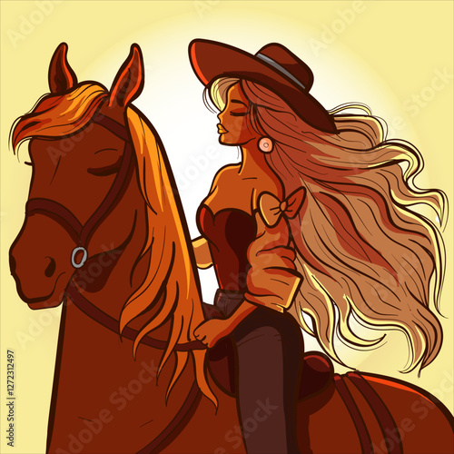 Closeup of a woman with long blonde hair and cowboy hat riding a horse at sunset. Cowgirl at golden hour on a brown pony.