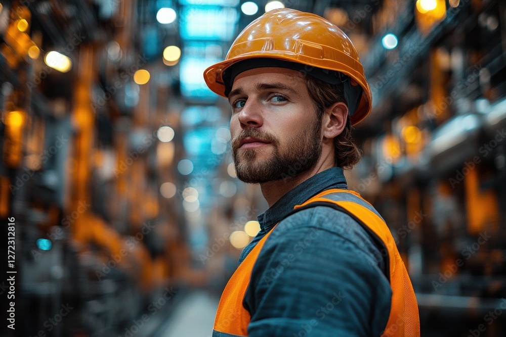 Industrial Engineer Working with Tablet in Factory Environment with Safety Gear Industrial Engineer Working with Tablet in Factory Environment with Safety Gear