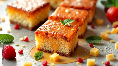 Delicious Caramel Cheese Cake Squares with Berries and Mint