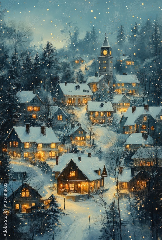 Obraz premium Whimsical Winter Village Scene with Snow-Covered Rooftops and Twinkling Lights