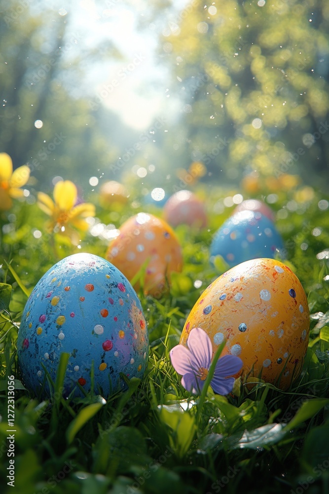Easter Eggs in a Colorful Spring Meadow Under Bright Blue Sky Easter Eggs in a Colorful Spring Meadow Under Bright Blue Sky