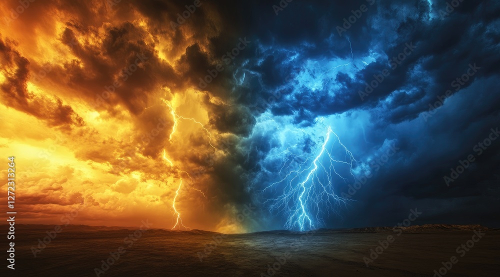 Fiery and Electric Storm Clouds Over Desolate Landscape Fiery and Electric Storm Clouds Over Desolate Landscape