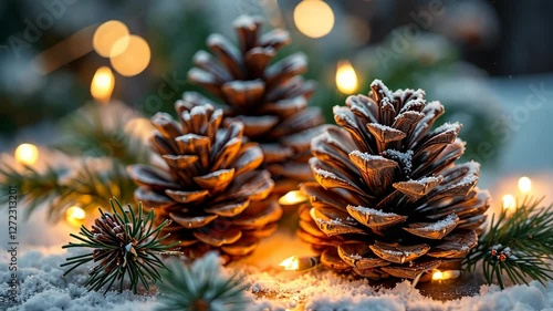 Winter Wonderland: Snow-Covered Pine Cones with Festive Lights