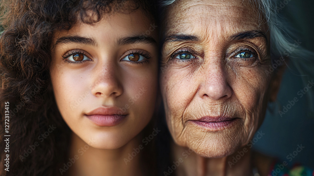 A striking split-face portrait of a young woman and an elderly woman seamlessly blended together showing the passage of time
A striking split-face portrait of a young woman and an elderly woman seamlessly blended together showing the passage of time