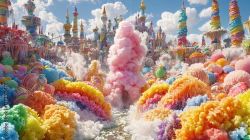 Vibrant colorful festival scene with cotton candy clouds fantasy land digital art whimsical environment aerial view joyful concept