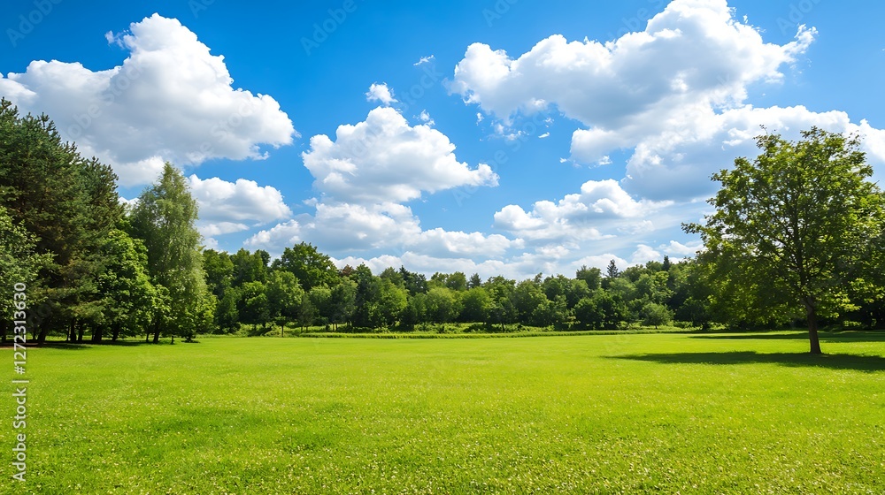 Sunny Day Lush Green Field And Trees
