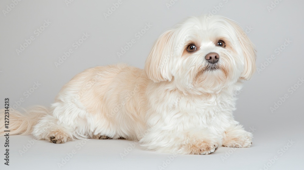 Fluffy dog lying, studio shot, gray background, pet portrait Fluffy dog lying, studio shot, gray background, pet portrait