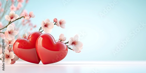Two Red Hearts Nestled Amongst Delicate Spring Blossoms