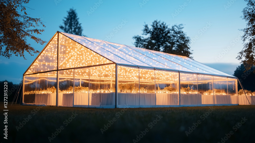 Transparent marquee glowing with fairy lights, showcasing elegantly decorated tables for romantic nighttime wedding reception under sparkling illumination Transparent marquee glowing with fairy lights, showcasing elegantly decorated tables for romantic nighttime wedding reception under sparkling illumination