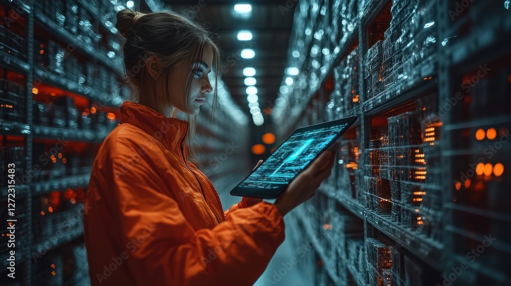Obraz premium Futuristic Warehouse Scene with Business Person Using Tablet for Logistics Management and Augmented Reality Data