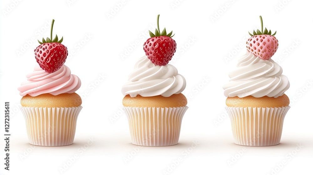 Three Strawberry Topped Cupcakes Delightfully Arranged Three Strawberry Topped Cupcakes Delightfully Arranged