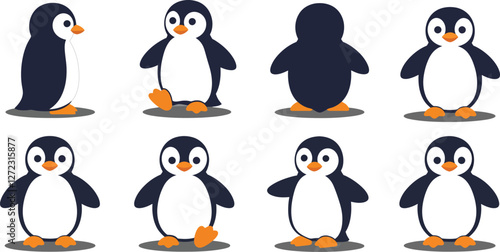 Cute penguin character design in minimal style showcasing playful movements vector illustration