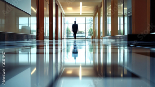 A lone man walking through a modern hallway with reflective flooring creating a cinematic and dramatic scene filled with mystery and depth
